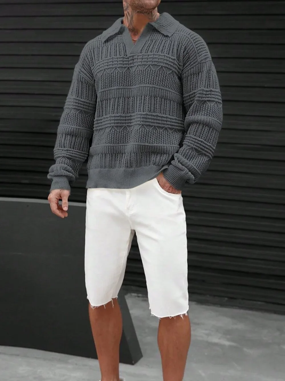 Grey Loose Casual Men's Long Sleeve V Neck Drop Shoulder Knit Sweater